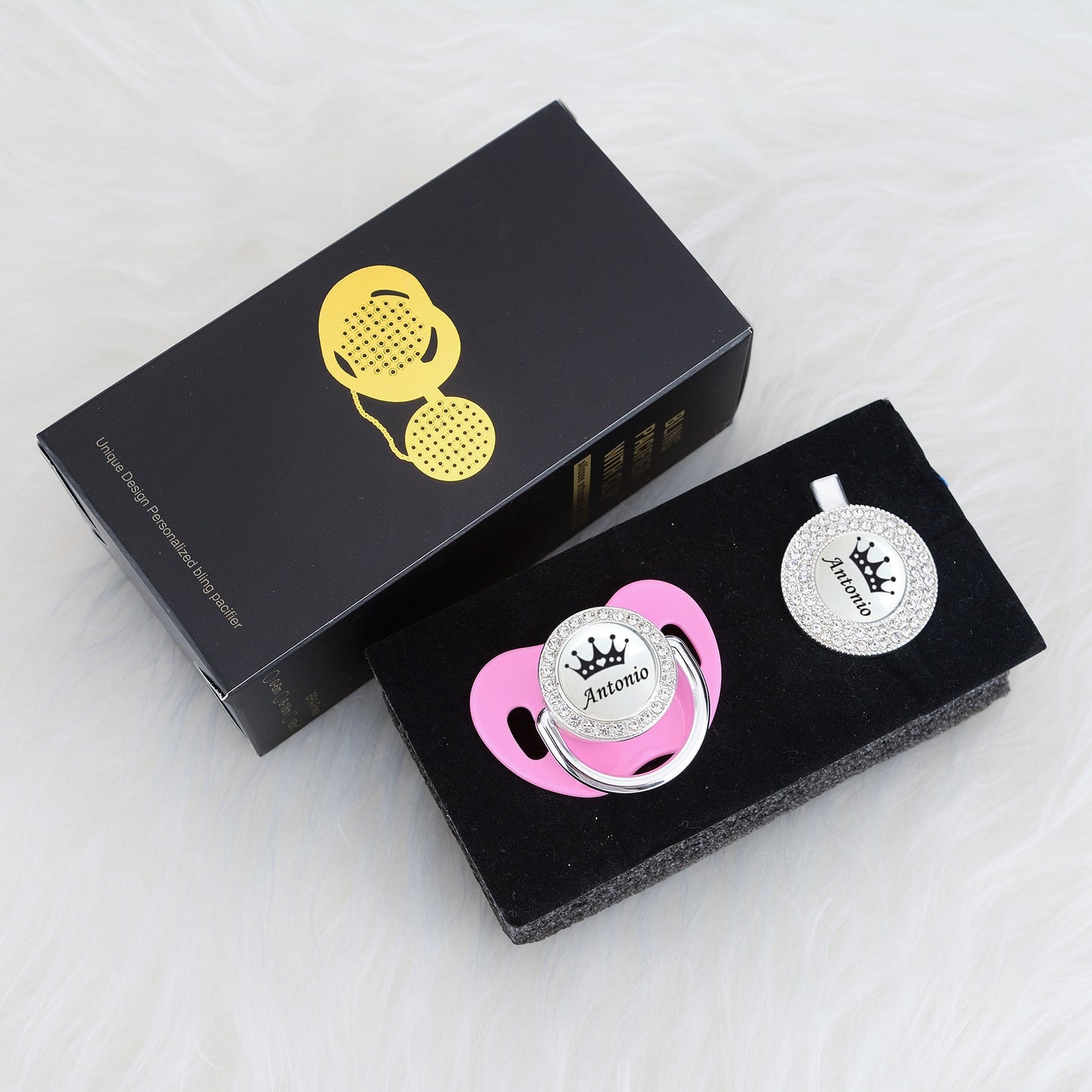 MIYOCAR Personalized black crown bling rose gold pacifier and clip BPA free dummy unique design SGS Approval PWBC