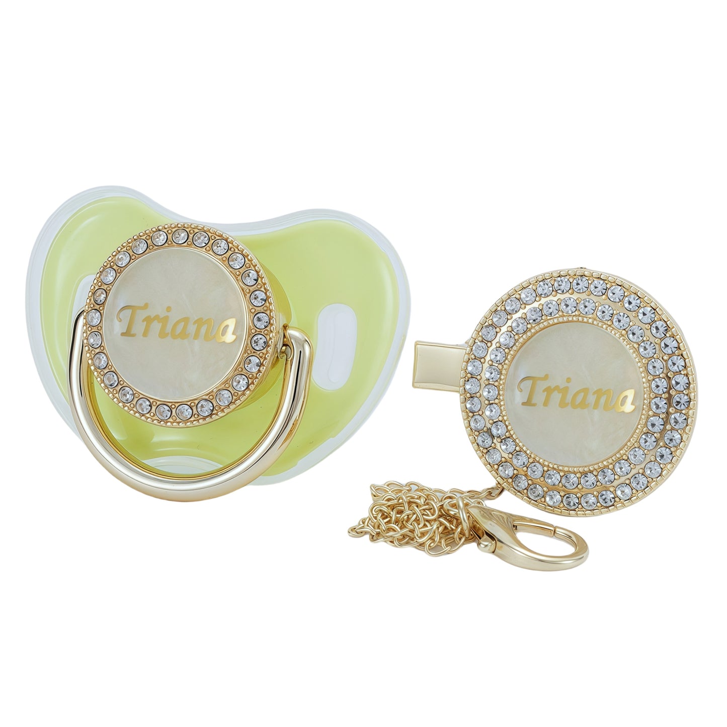 MIYOCAR Custom Gold Bling Diamond Baby Pacifier with Clip Set Personalized for Newborns and Babies Personalized Baby Bling Pacifier gold  pacifier