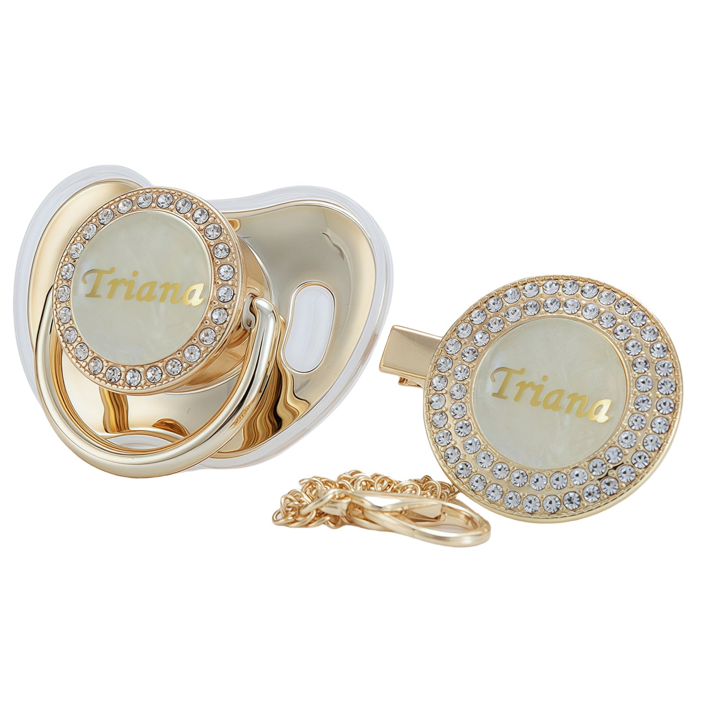 MIYOCAR Custom Gold Bling Diamond Baby Pacifier with Clip Set Personalized for Newborns and Babies Personalized Baby Bling Pacifier gold  pacifier