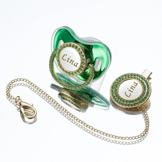 MIYOCAR Lovely bling Custom baby pacifiers and clips/holder kit with name Adorned with Elegant Green Rhinestones for boy girl