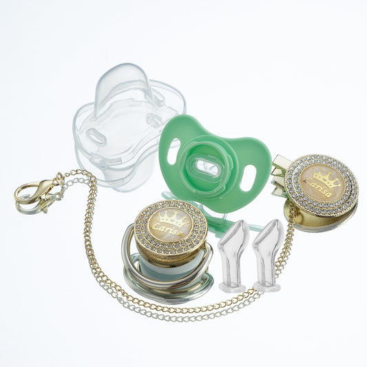 Miyocar Bling Custom Pure Green Pacifiers Bring 3 Replacement Silicone Teat Include All Size for Boy Girl Baby Shower Gift