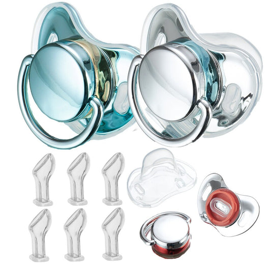 Miyocar Luxurious Silver Blue Pacifier(2pcs) Bring 6 Replacement SiliconeTeat Include All Size for Boy and Girl Baby Shower Gift