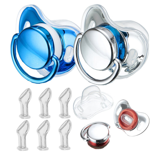 Miyocar Luxurious Silver Pacifiers(2pcs) Bring 6 Replacement Silicone Teat Includes All Size for Boy and Girl Baby Shower Gift