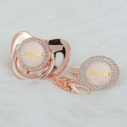 MIYOCAR Customized any name rose gold pearl bling pacifier and pacifier clip BPA free dummy bling luxurious gift baby shower PS