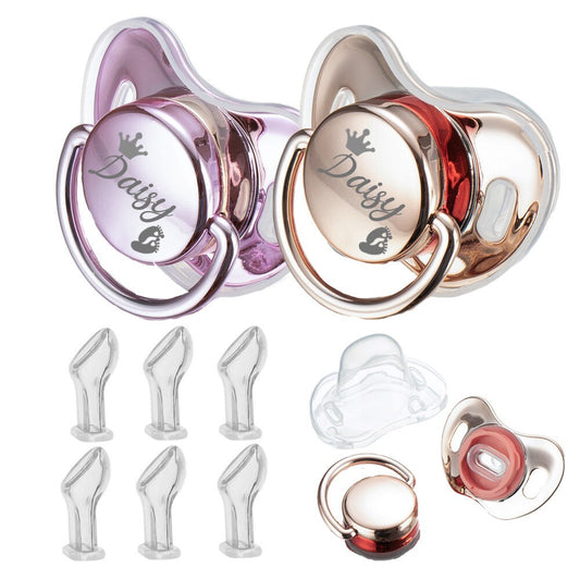 Miyocar Custom Gold Pink Pacifier(2pcs) with Name Bring 6 Replacement Teat Include All Size for Boy Girl Baby Shower Gift