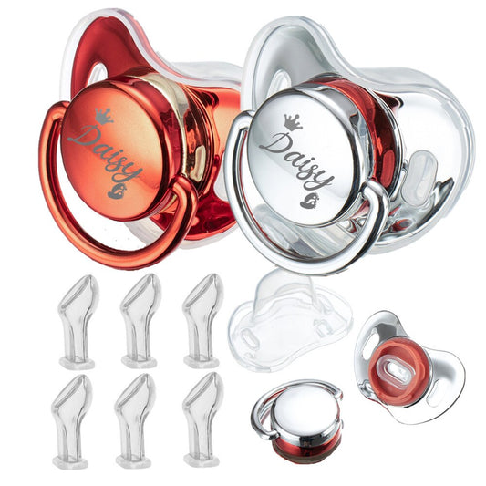 Miyocar Custom Silver Red Pacifier(2pcs) with Name Bring 6 Replacement Teat Include All Size Personalized Boy Girl Baby Shower
