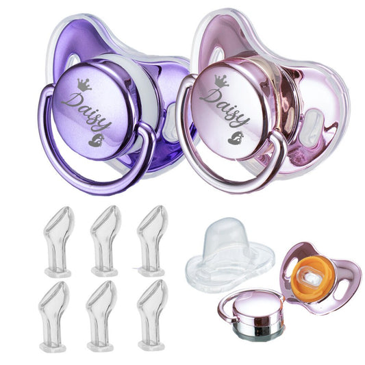 Miyocar Custom Gold Purple Pacifier(2pcs) with Name Bring 6 Replacement Teat Include All Size for Boy Girl Baby Shower Gift