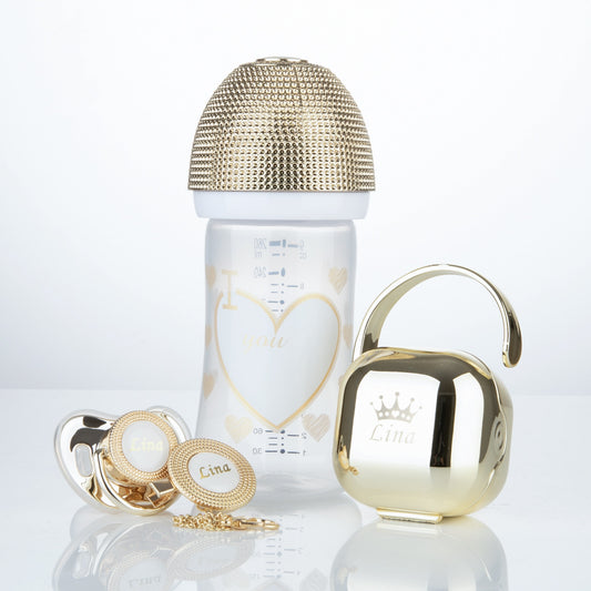 Miyocar Gold 3pcs Set Luxurious Custom Baby Pacifiers and Baby Bottle Set with Name for Boy and Girl,0-6 Months Baby Shower