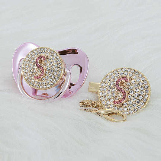 MIYOCAR luxurious gold pin bling red 3D Initials pink letter S bling pacifier and pacifier clip BPA free dummy bling unique gift
