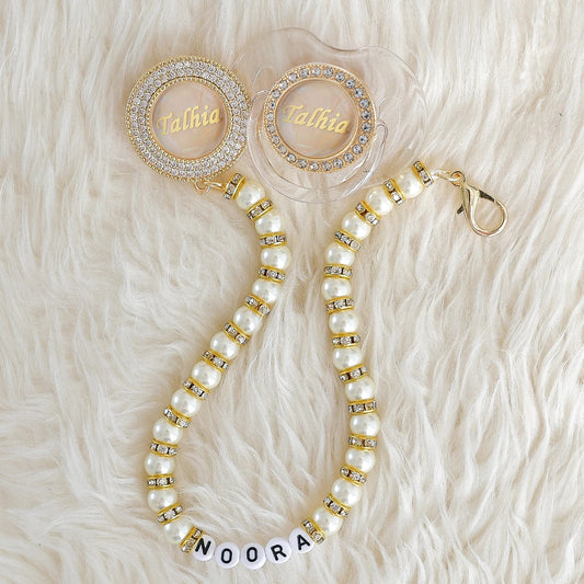 MIYOCAR personalized name transparent pearl bling pacifier and pacifier clip BPA free dummy bling unique gift baby shower