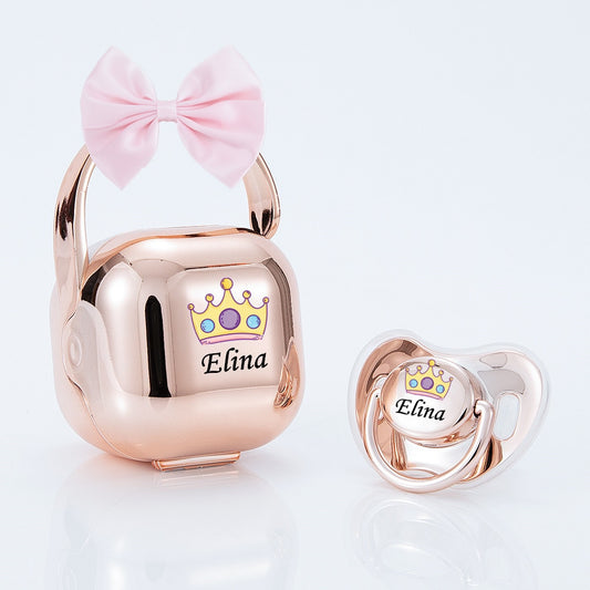 MIYOCAR personalized bow Metallic rose gold bling pacifier and pacifier box set BPA free dummy Luxury baby shower gift