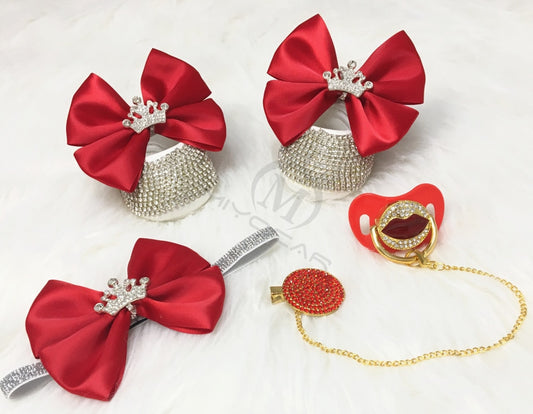 MIYOCAR red lip bling pacifier and clip set with princess red bow bling first walker shoes set unique sexy baby shower set C1