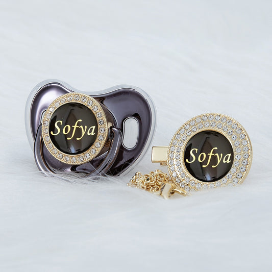 MIYOCAR personalized any name gold bling pacifier and clip BPA free dummy Metalic black unique design M4-G-BG