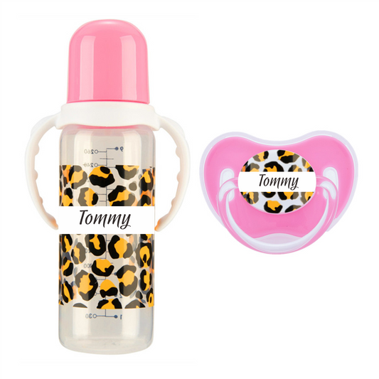 MIYOCAR personalized name Leopard baby bottle feeding bottle pacifier 2pcs set BPA free plastic 260ml standard neck special gift