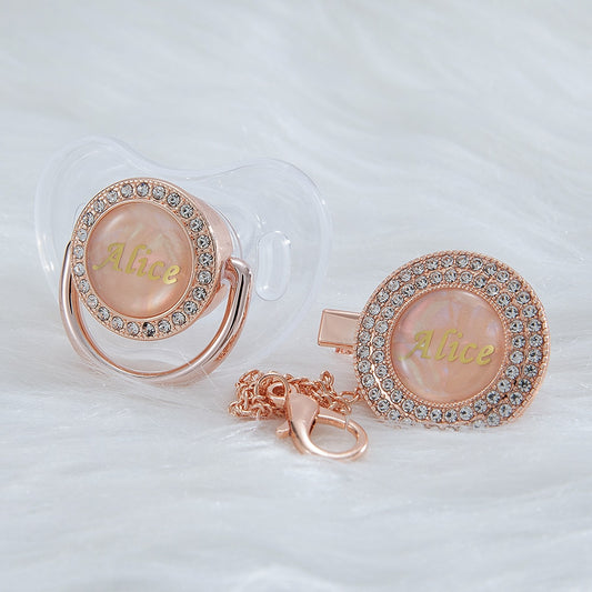 MIYOCAR personalized name transparent pearl rose gold bling pacifier and pacifier clip BPA free dummy unique gift baby shower
