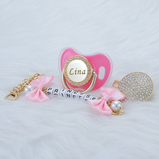MIYOCAR Personalized any name bling pacifier and pink bow pacifier clip BPA free dummy bling unique design perfect gift