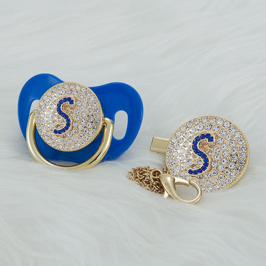 MIYOCAR bling blue Initials blue 3D letter S bling pacifier and pacifier clip BPA free dummy ideal gift baby shower