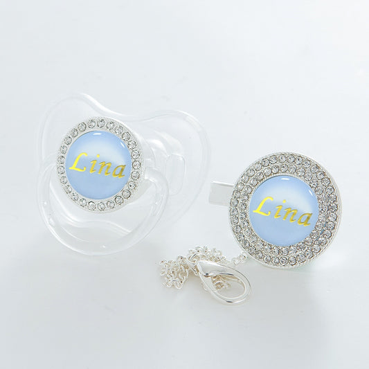 MIYOCAR custom any name silver bling pacifier and pacifier clip all transparent BPA free dummy Luxury blue gold name  pacifier
