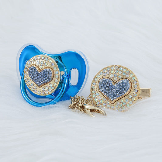 MIYOCAR luxurious bling 3D blue heart pacifier and pacifier clip BPA free unique gift Photography no for daily use