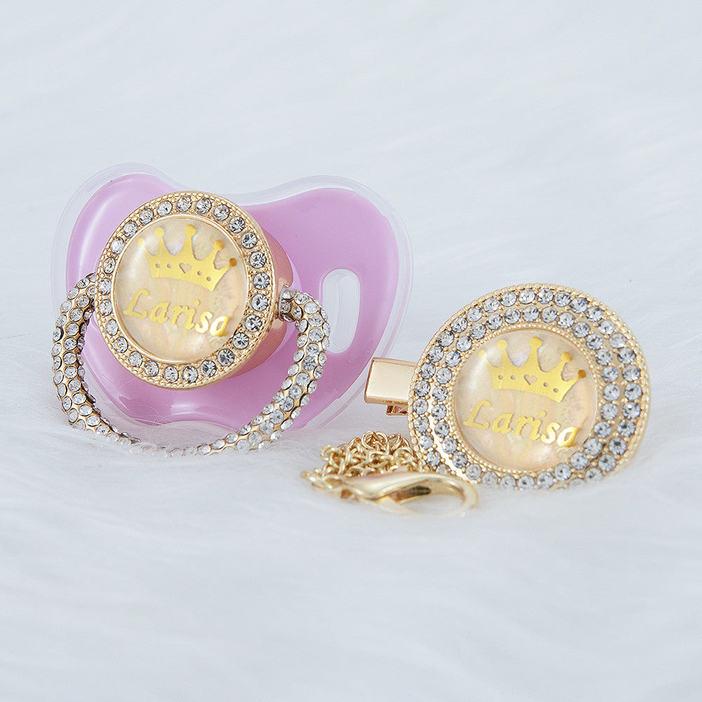 MIYOCAR Personalized Name anniversary all bling pacifier and clip set 14k Gold Plated New Born gift Photography